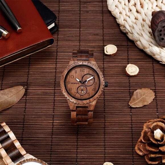 ✨ Bewell Analog Quartz Men Brown Retro Handcraft Lightweight Wooden Wristwatch - Picture 4 of 6